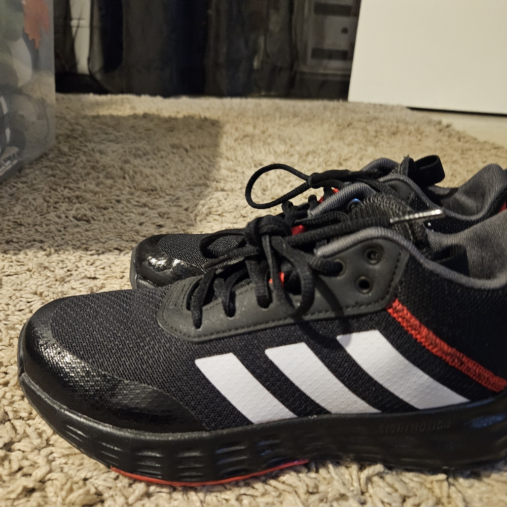 Adidas Kids Black Sneakers with White Stripes and Red Detail